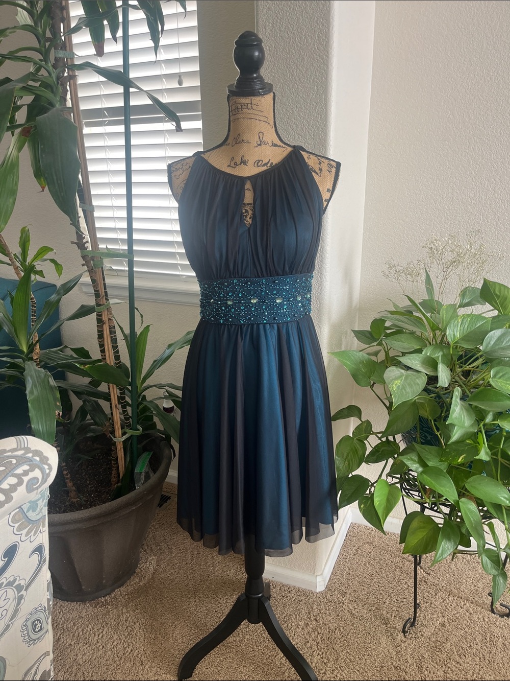 Jessica Howard Teal Beaded Waist Cocktail Dress